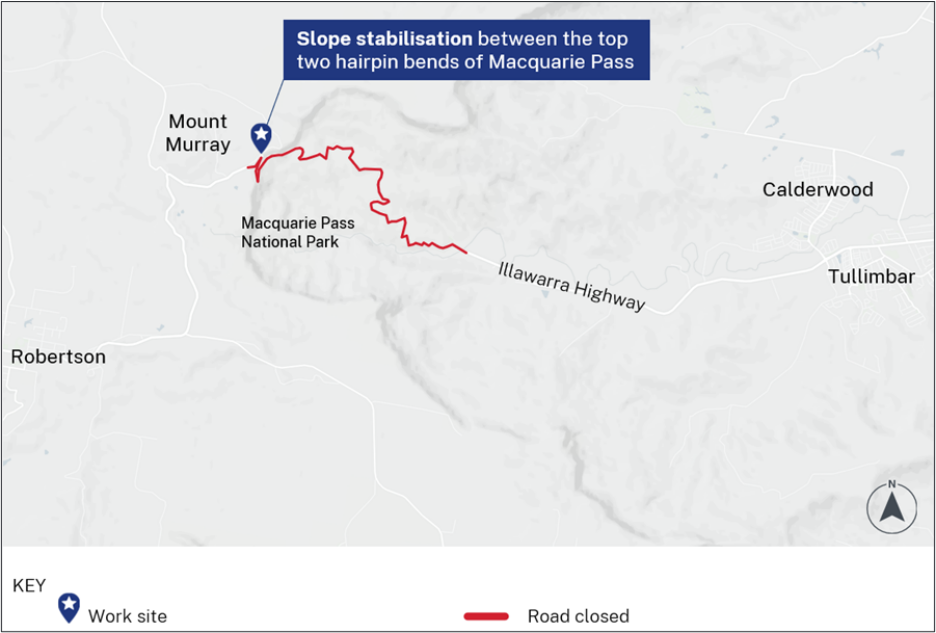 Map with a section of Macquarie Pass highlighted in red