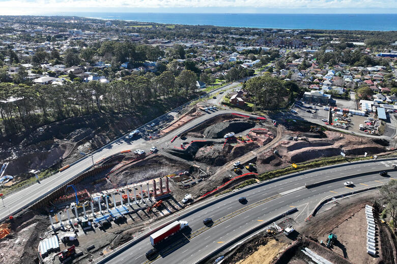 The Mt Ousley Interchange taking shape - looking east towards Mt Ousley Road (July 2025). 
