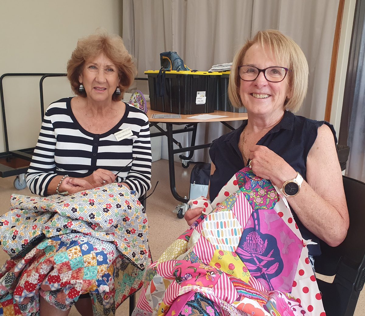 Fiona McDonald, Anne Giugni with their latest creations at the Wollongong Modern Quilting Guild.