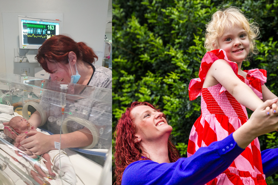 Amy Hall with her daughter in the NICU and now