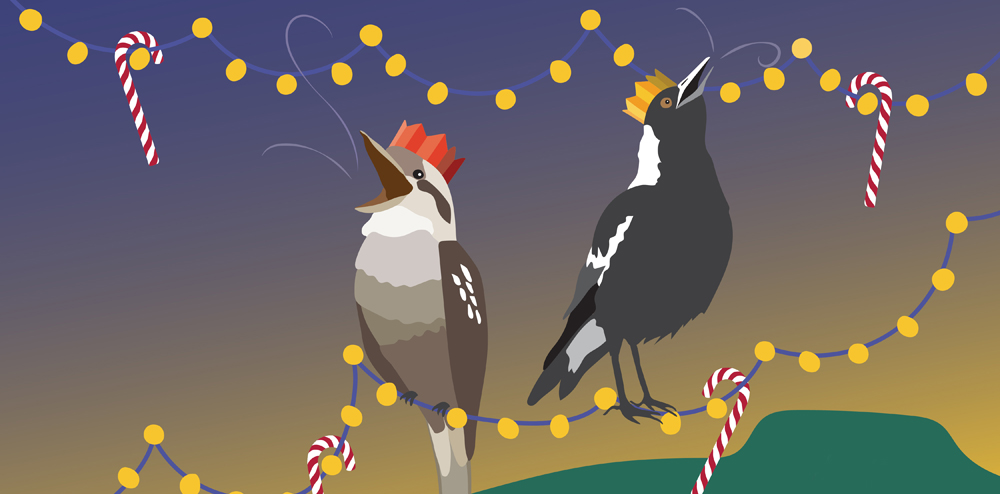 cartoon image of a kookaburra and magpie wearing Christmas hats with their mouths open, sitting on Christmas lights