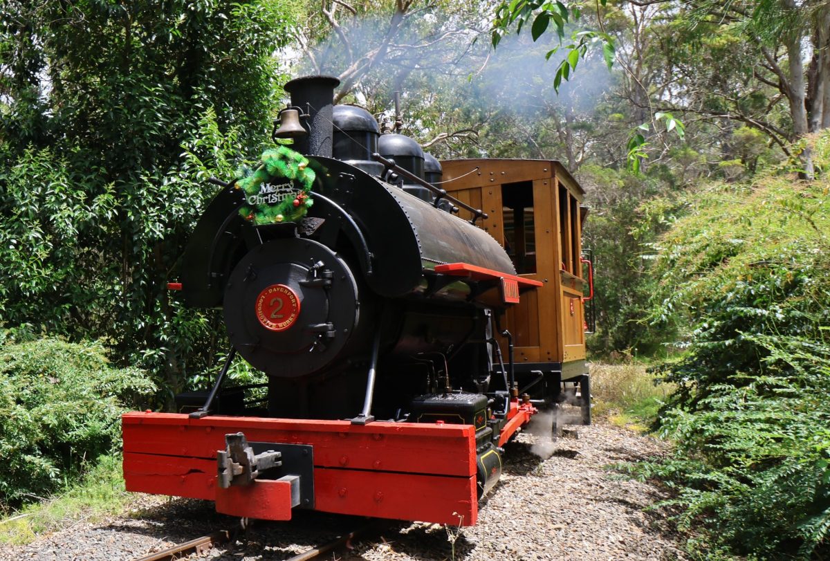 Steam train with Christmas wreath