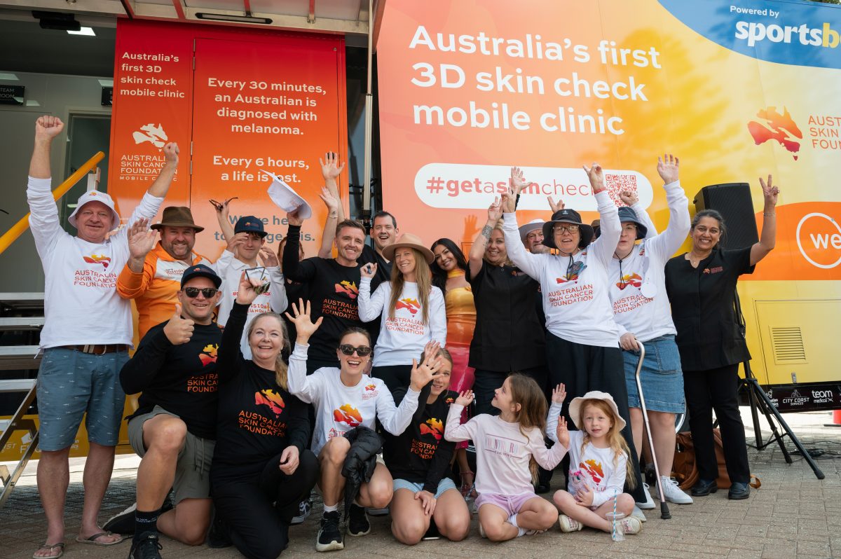Skin cancer mobile clinic with people standing out the front