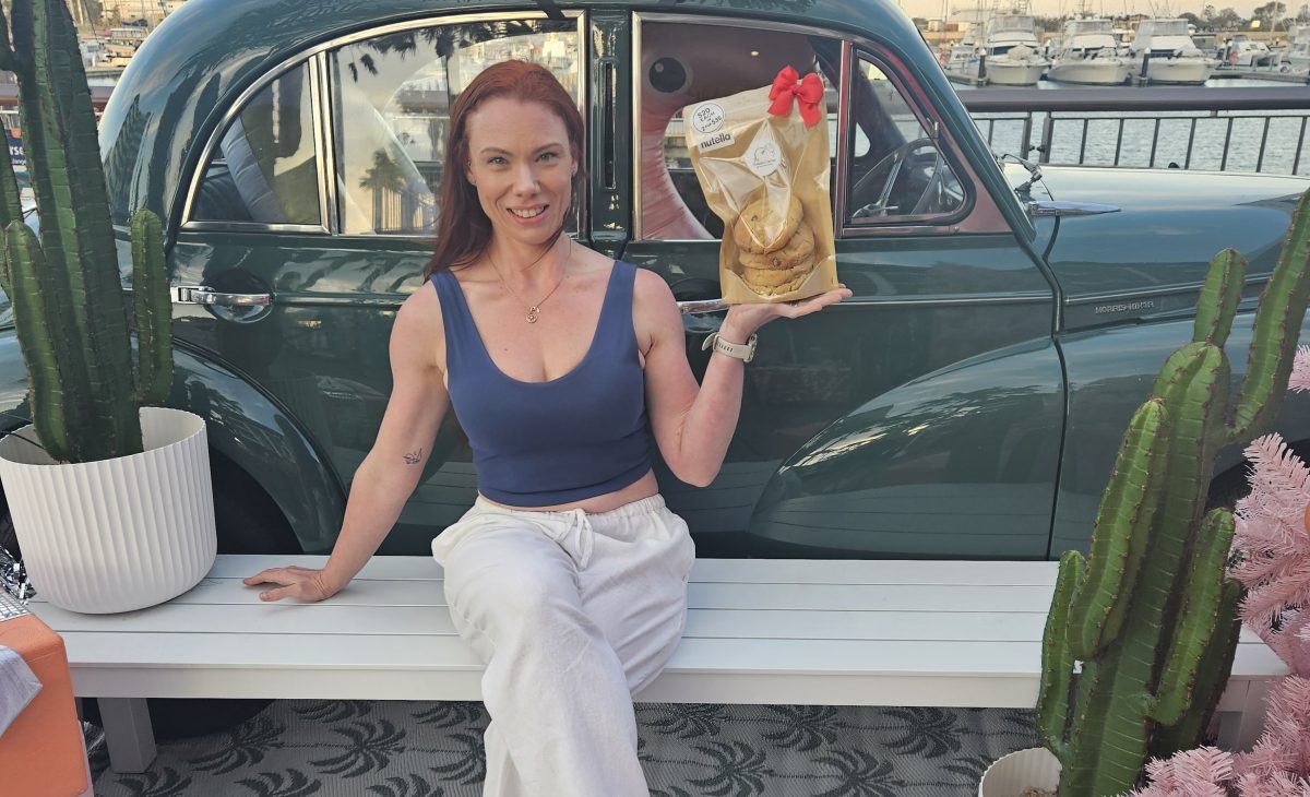 Tori Panoutsopoulos holding a bag of her stuffed cookies