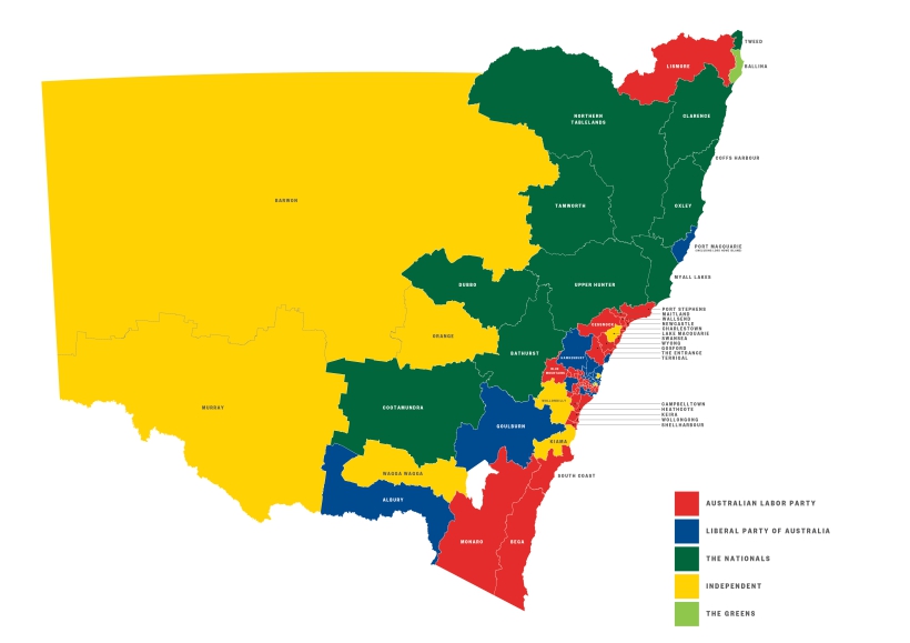 A map of NSW with state electorates coloured to match the party that represents them.