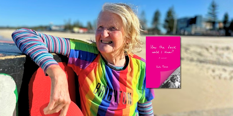 Author Kate Rowe in a rainbow rashie at the beach