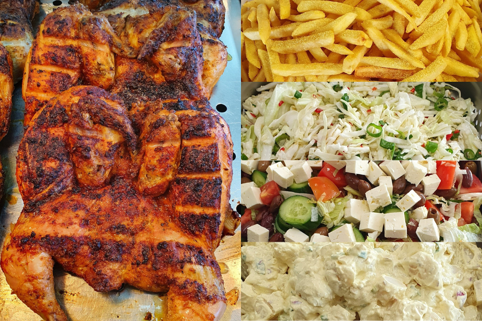 Collage of roast chicken, chips and salads