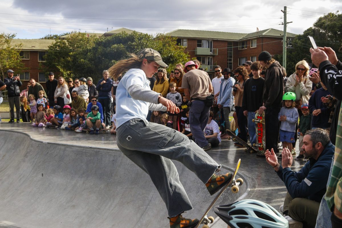 Skate boarder in action at Port Kembla Skate Park