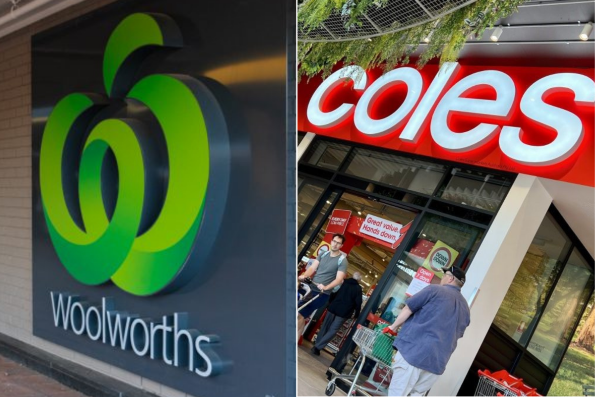 Woolworths and Coles logos on signs.